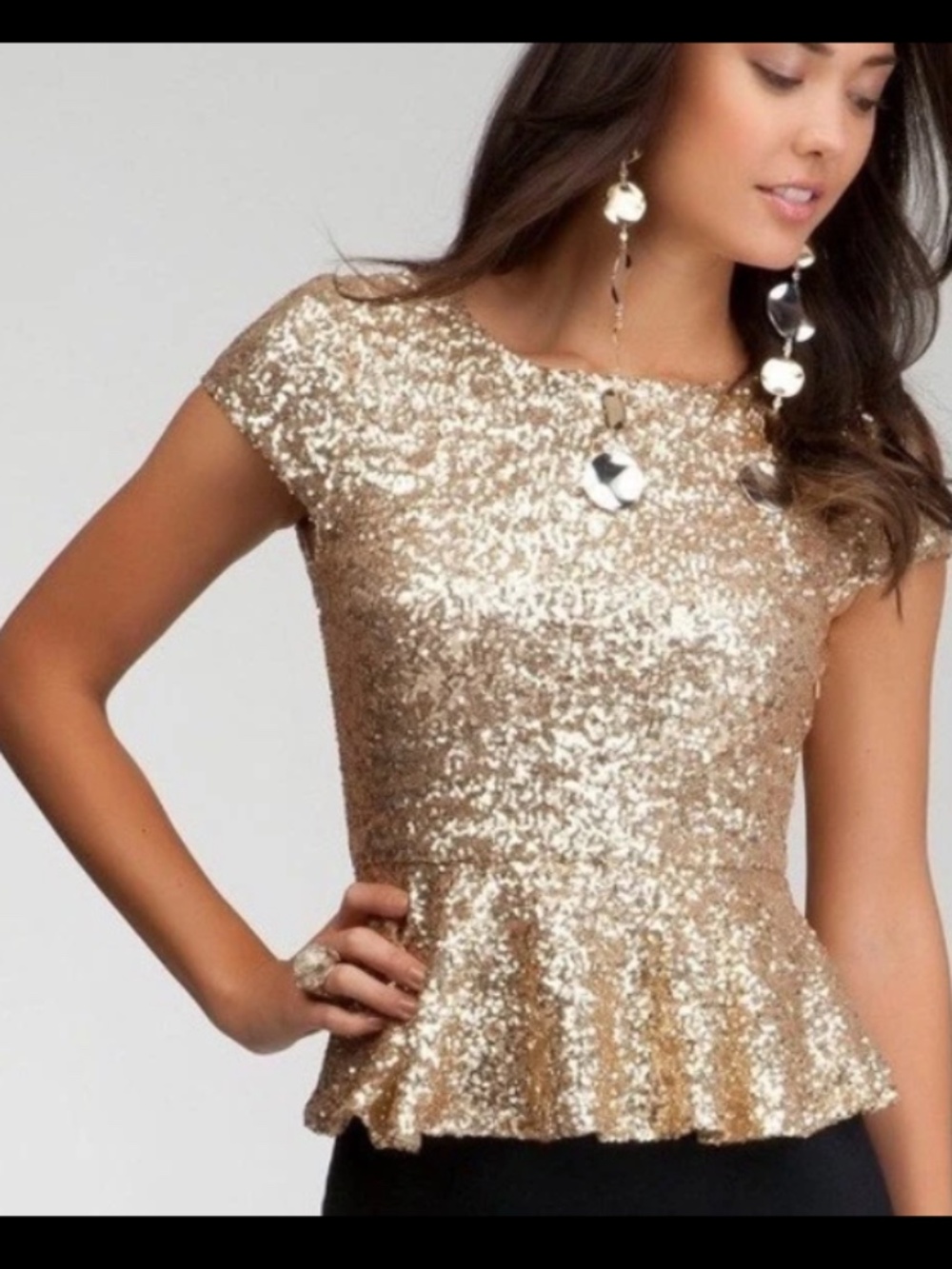 NEW Bebe Gold Round Neck Overall Sequin Sparkle Sexy Peplum Top